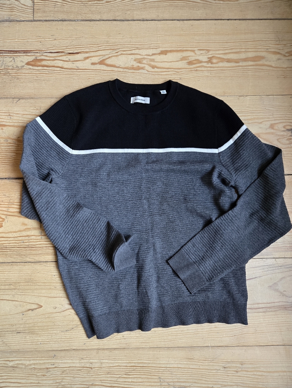 Jack & Jones Grey Black Colorblock Knit Sweater Mens